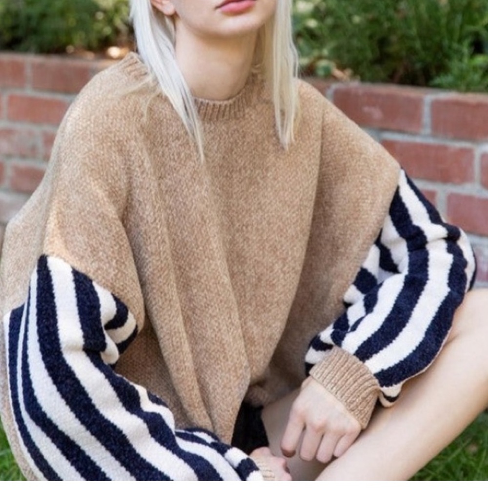 POL Size S Chenille Tan and Navy Striped Long Sleeve Sweater Super Soft